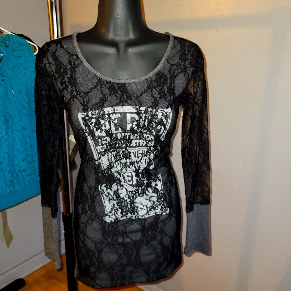 Nico LA Black Lace Overlay Graphic Long Sleeve Shirt